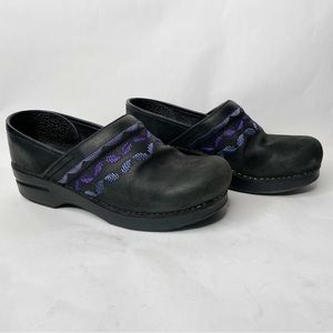 Dansko Black Nubuck Leather Embroidered Purple and Blue Clogs